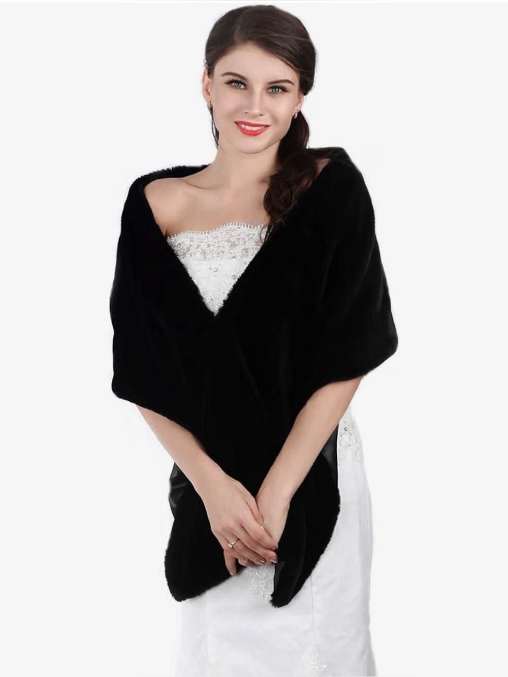 Black Faux Fur Wrap Shawl for Women - Elegant Evening Cover-Up